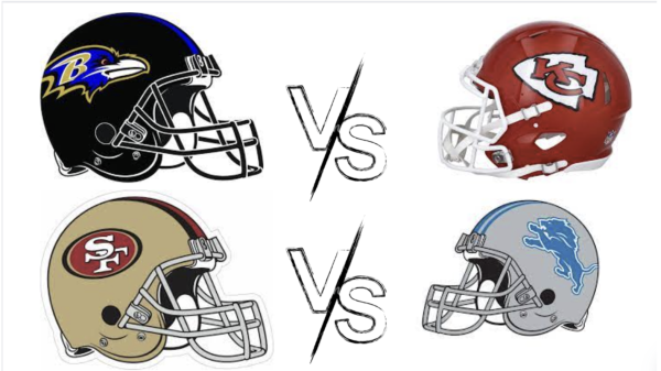 Helmets of the matchups that lead to the Superbowl match-up.
